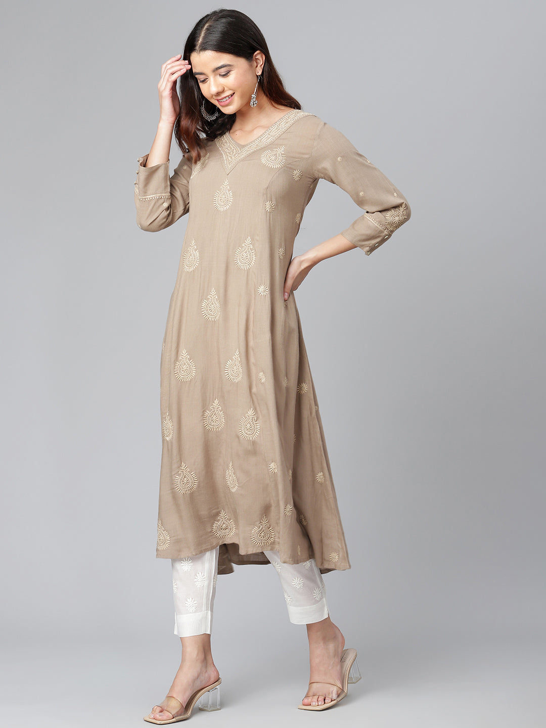 Rayon Chikankari Beige Flared Kurta