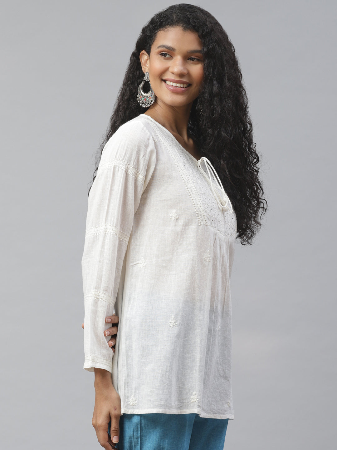Off White Chikankari Top with Tie-Ups