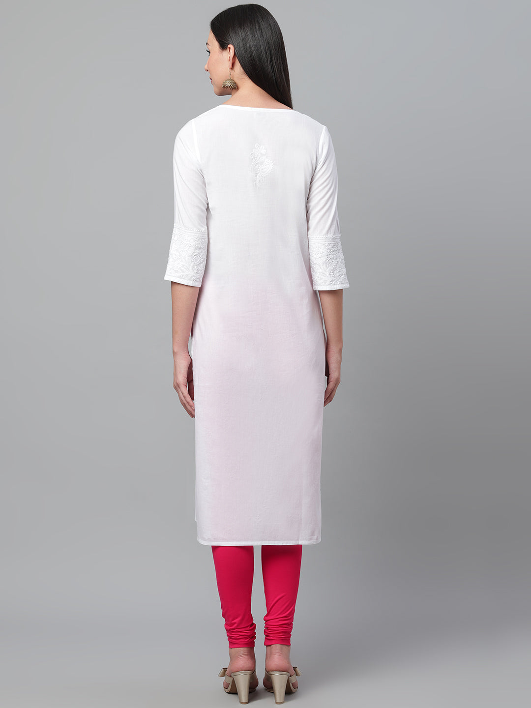 White Pot Neck Embroidered Kurta