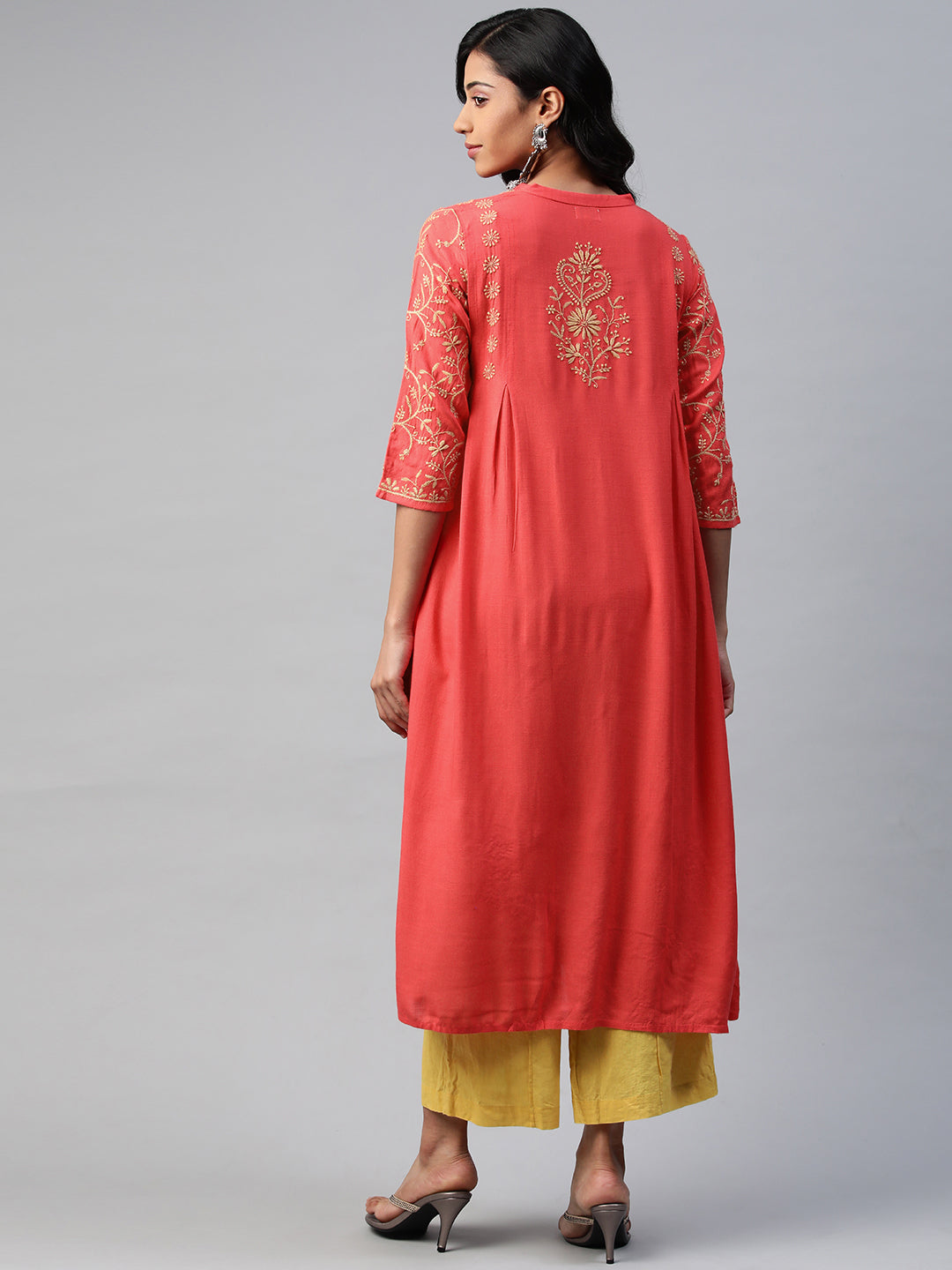 Red Rayon Flared Chikankari Kurta