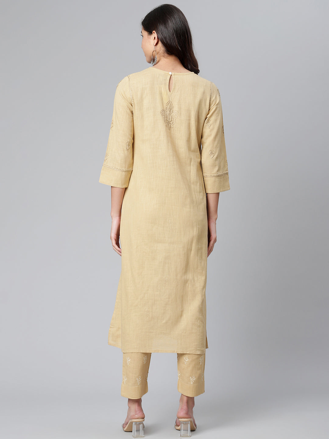 Beige Slub Kurta with Round Yoke
