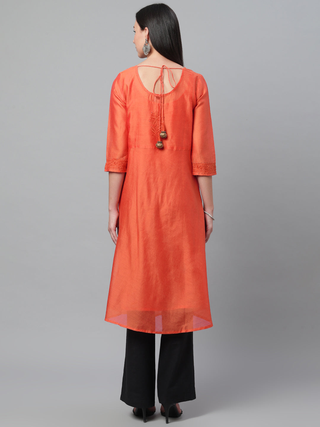 Orange Chanderi Embroidered A-Line Kurta With Tassels