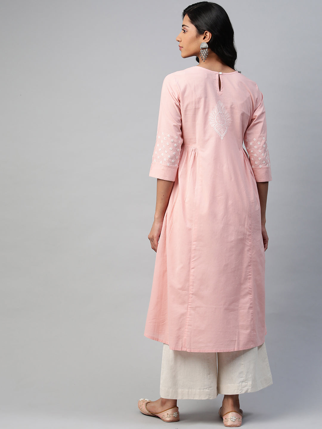 Peach Long Kurta with Tepchi Hand-Embroidery