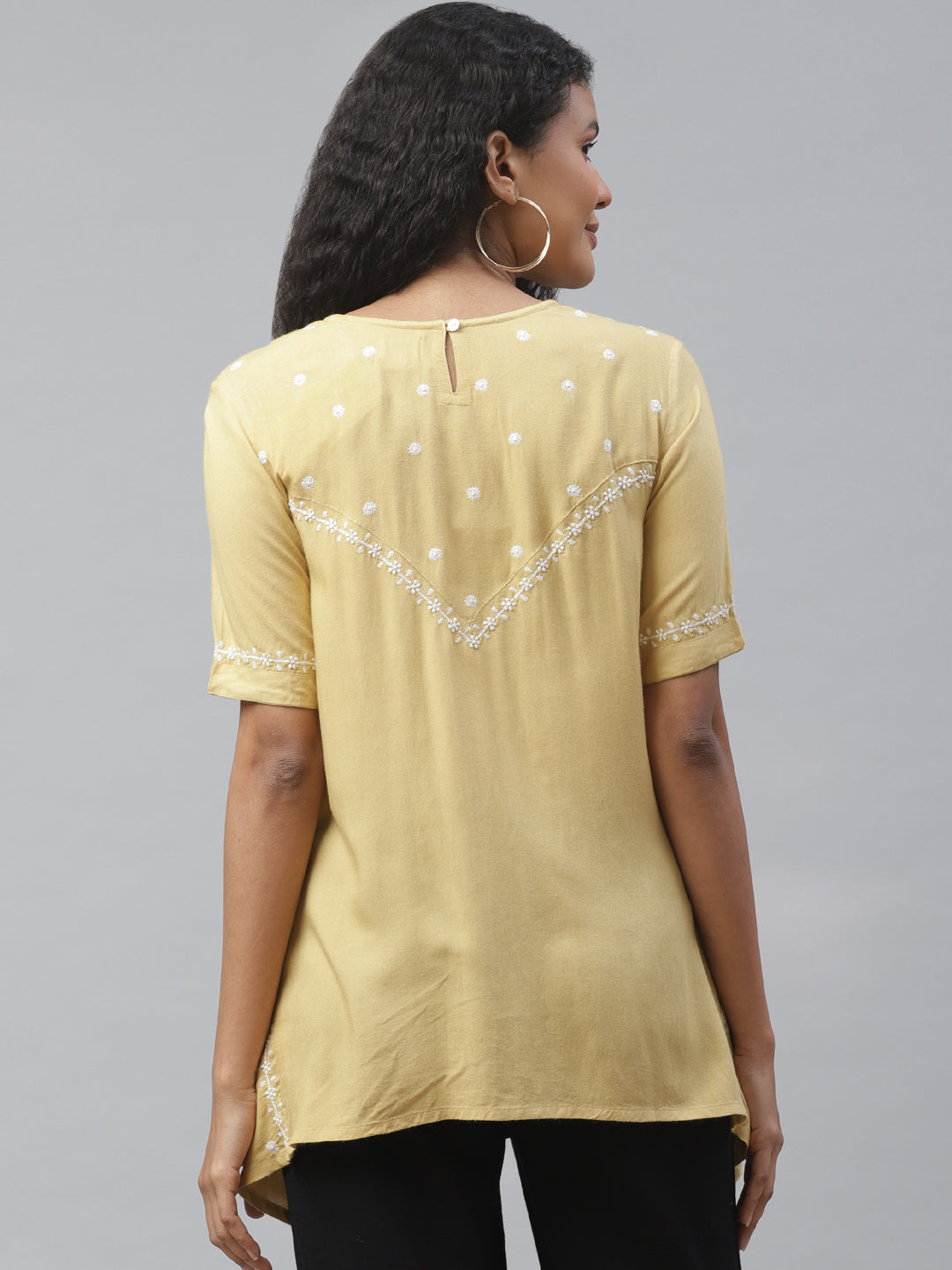 Beige Chikankari Embroidered High-Low Top