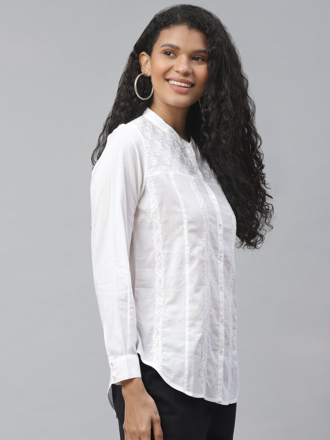 White Chikankari Embroidered Detail Casual Shirt