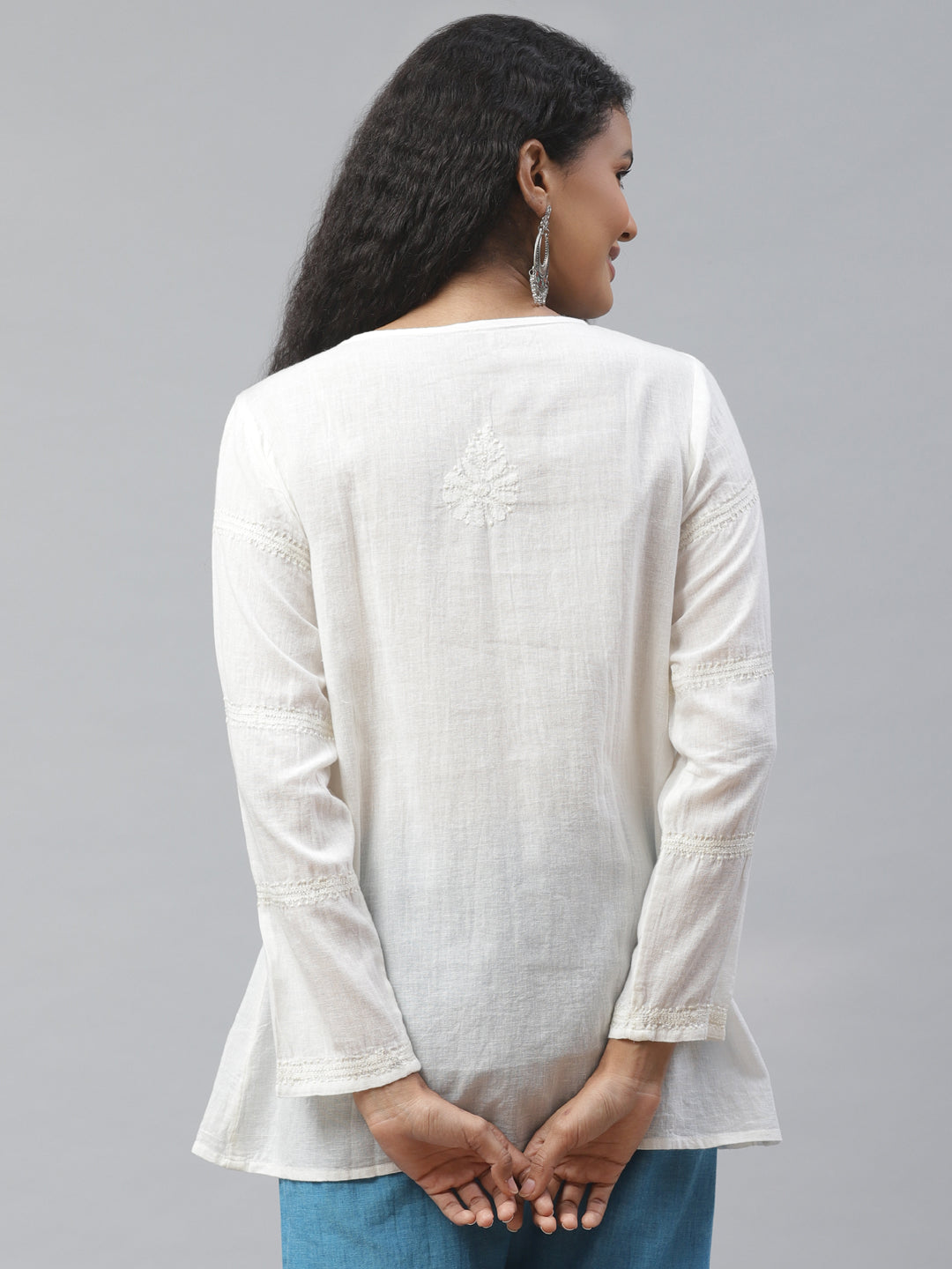 Off White Chikankari Top with Tie-Ups