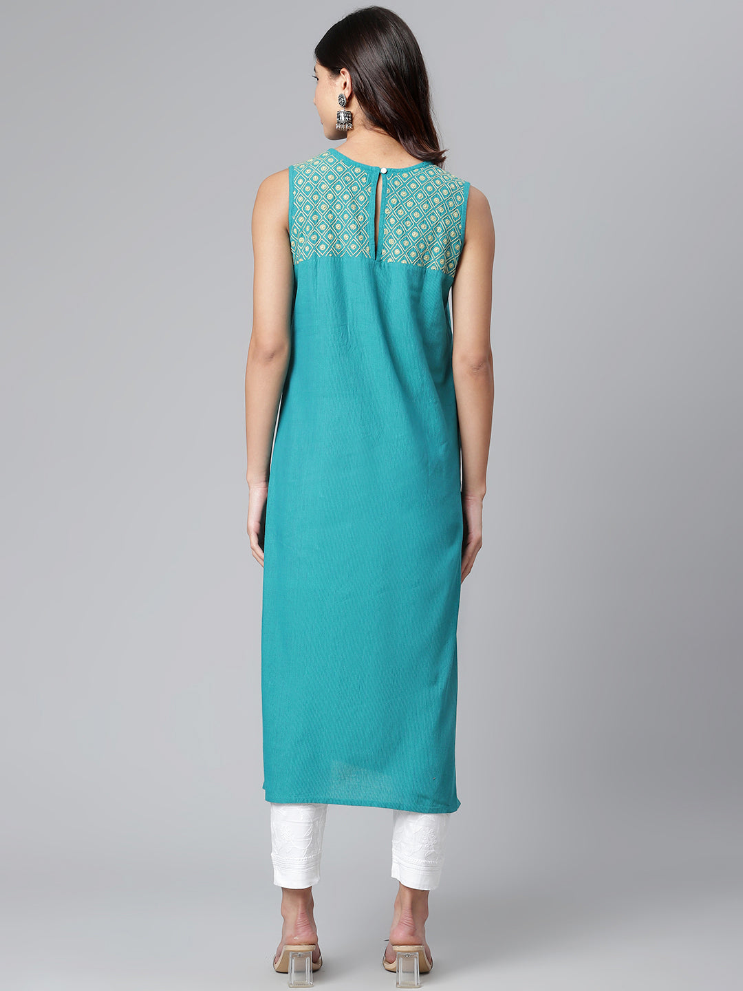 Teal Self-Striped Chikankari Kurta