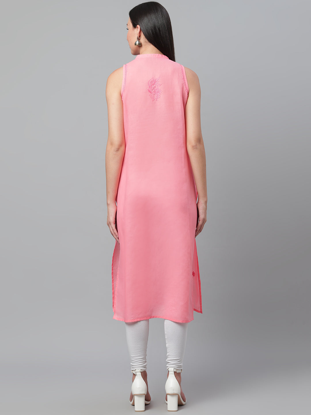 Pink Sleeveless Chikankari Collared Kurta