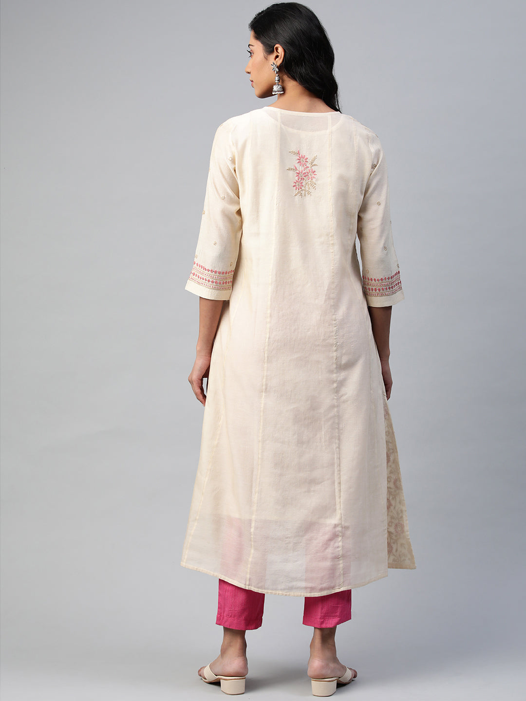 Beige and Pink Chikankari Chanderi Festive Kurta