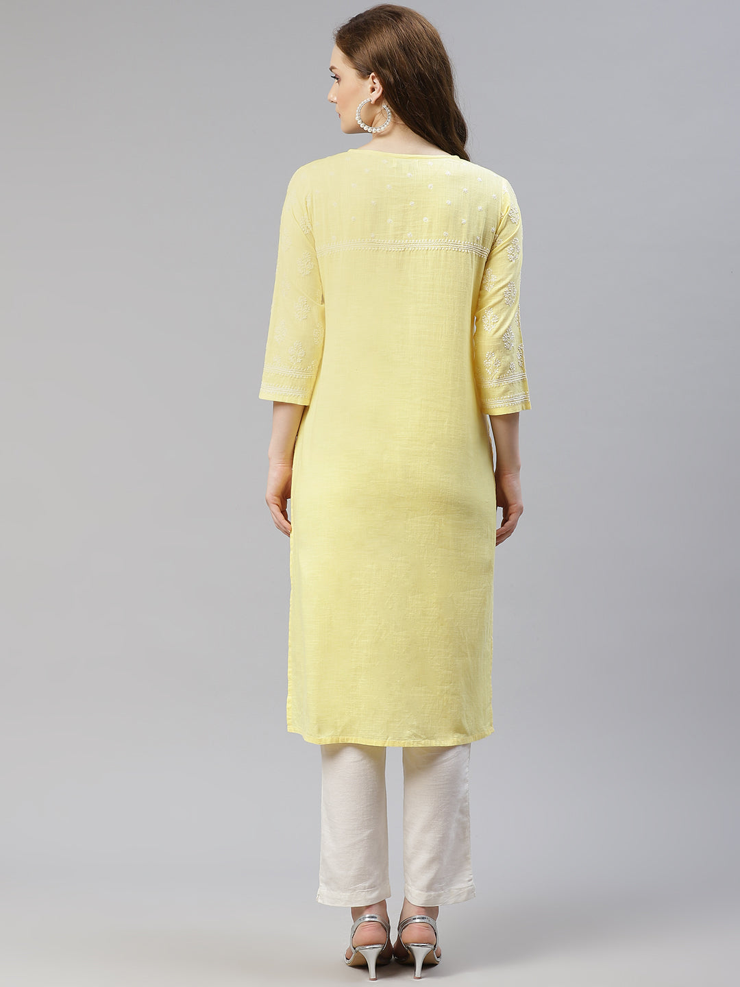 Yellow Cotton Slub Hand-Embroidered Kurta