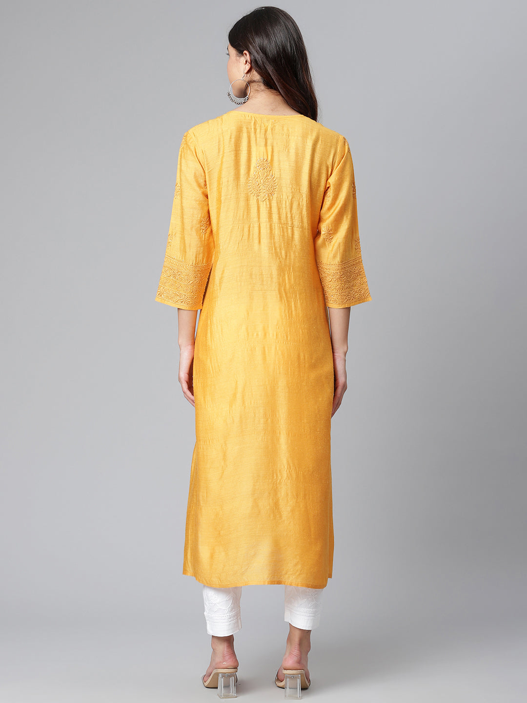 Mustard Pure Silk Chikankari Kurta