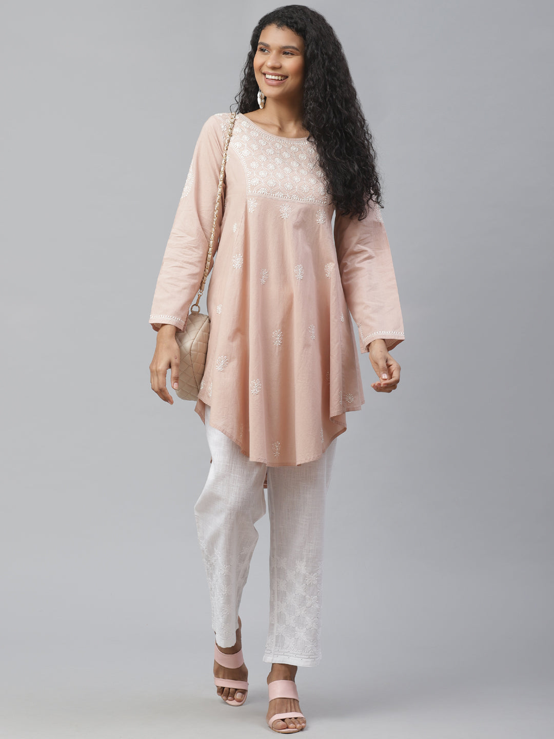 White Cotton Tapered Chikankari Pants with Mukaish Work