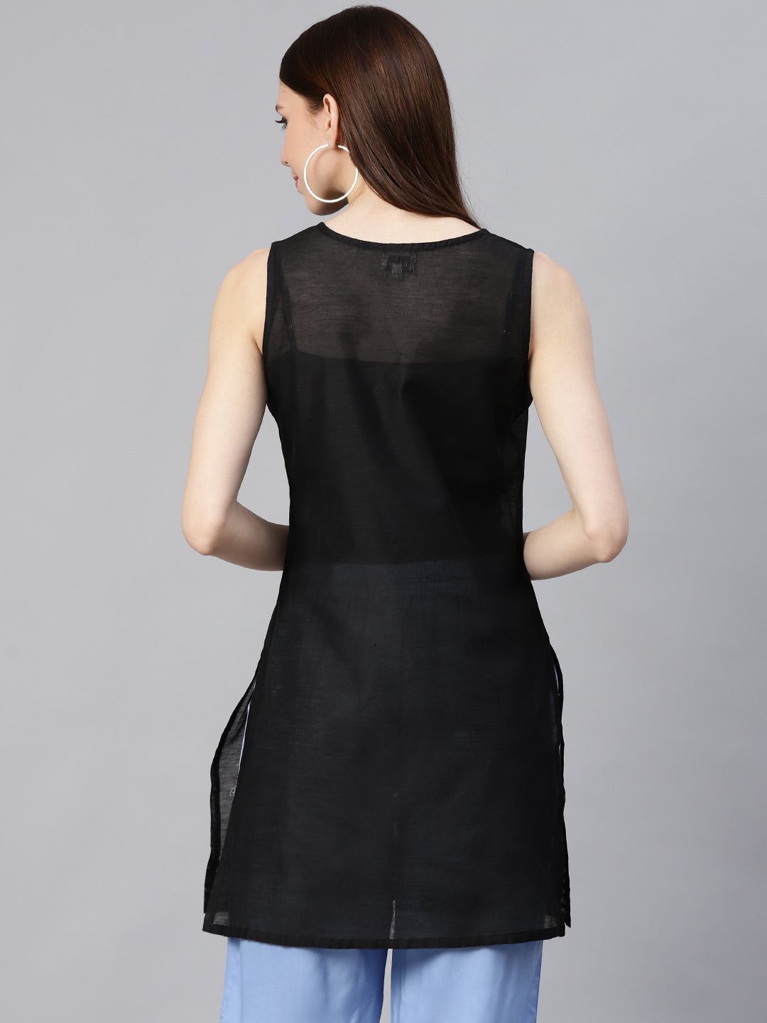 Black & Grey Embroidered Sheer Short Kurta