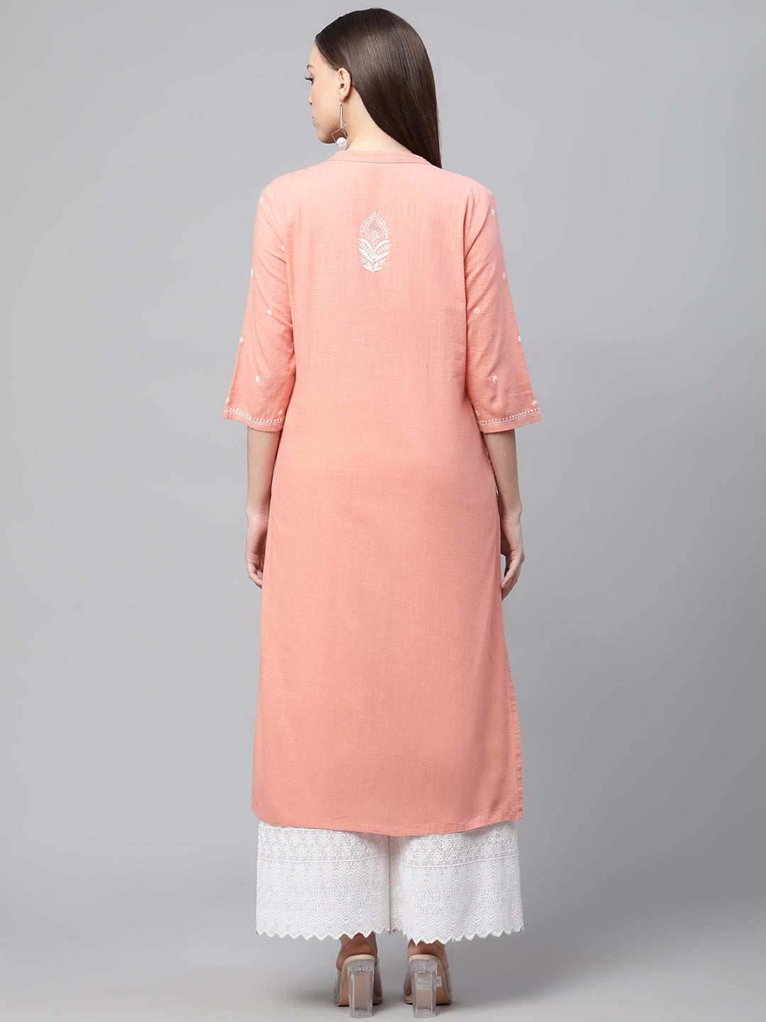 Peach Chikankari Straight Kurta