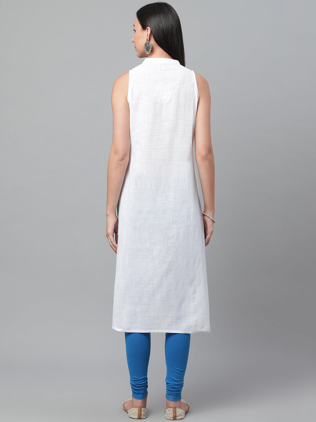 White Cotton Chikankari Kurta with Mandarin Collar