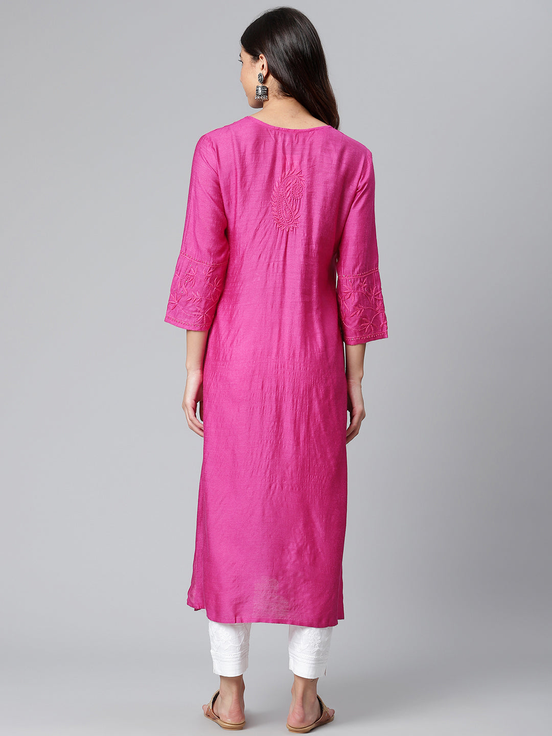 Pure Silk Magenta Chikankari Kurta
