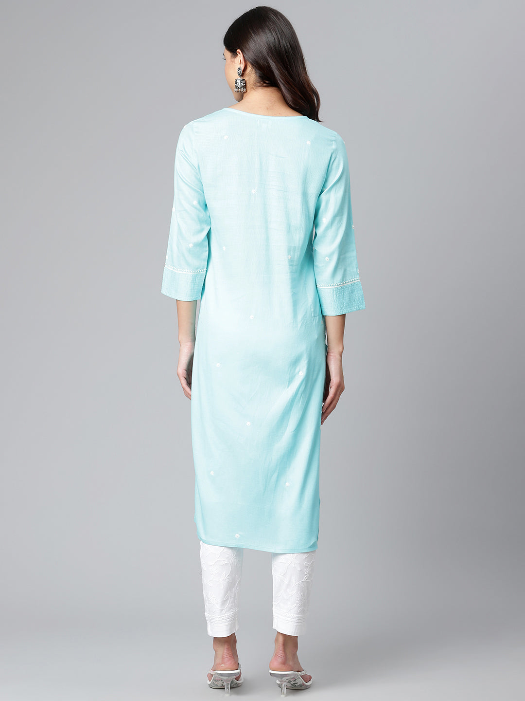 Sky Blue Self-Striped Chikankari Kurta