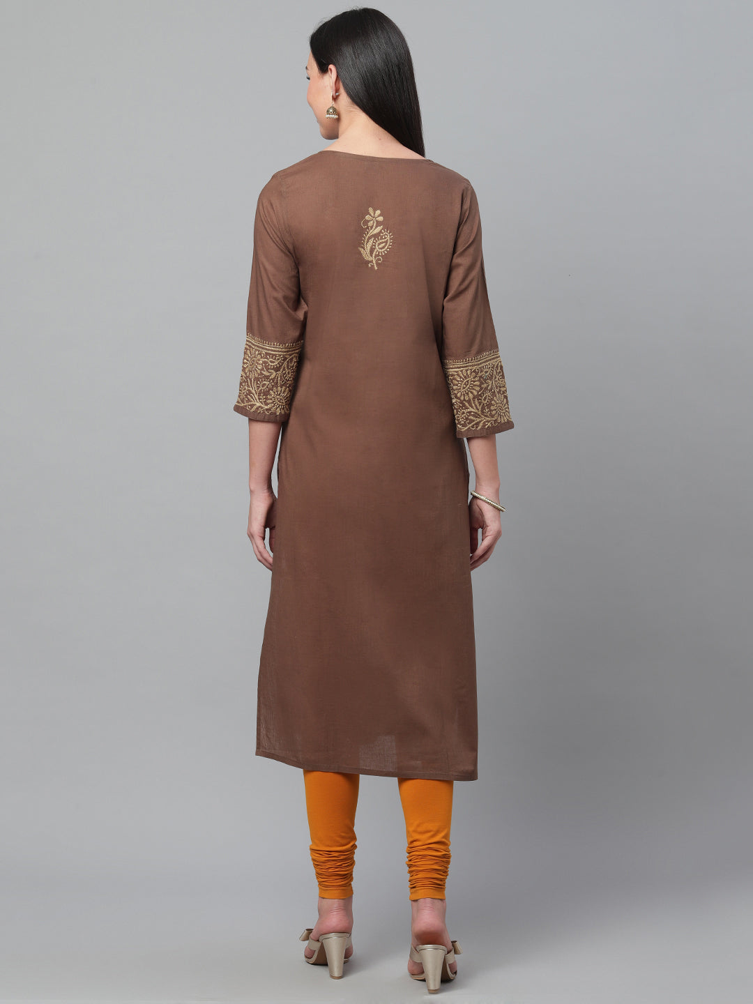 Brown Pot Neck Chikankari Cotton Kurta