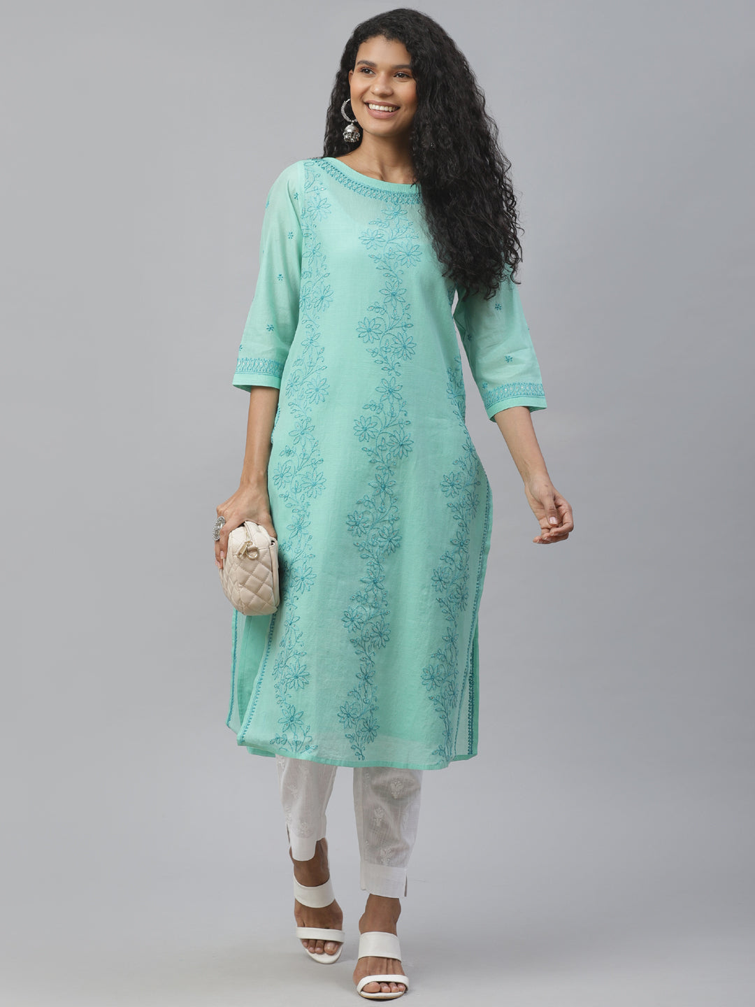 White Cotton Embroidered Slim Fit Pants