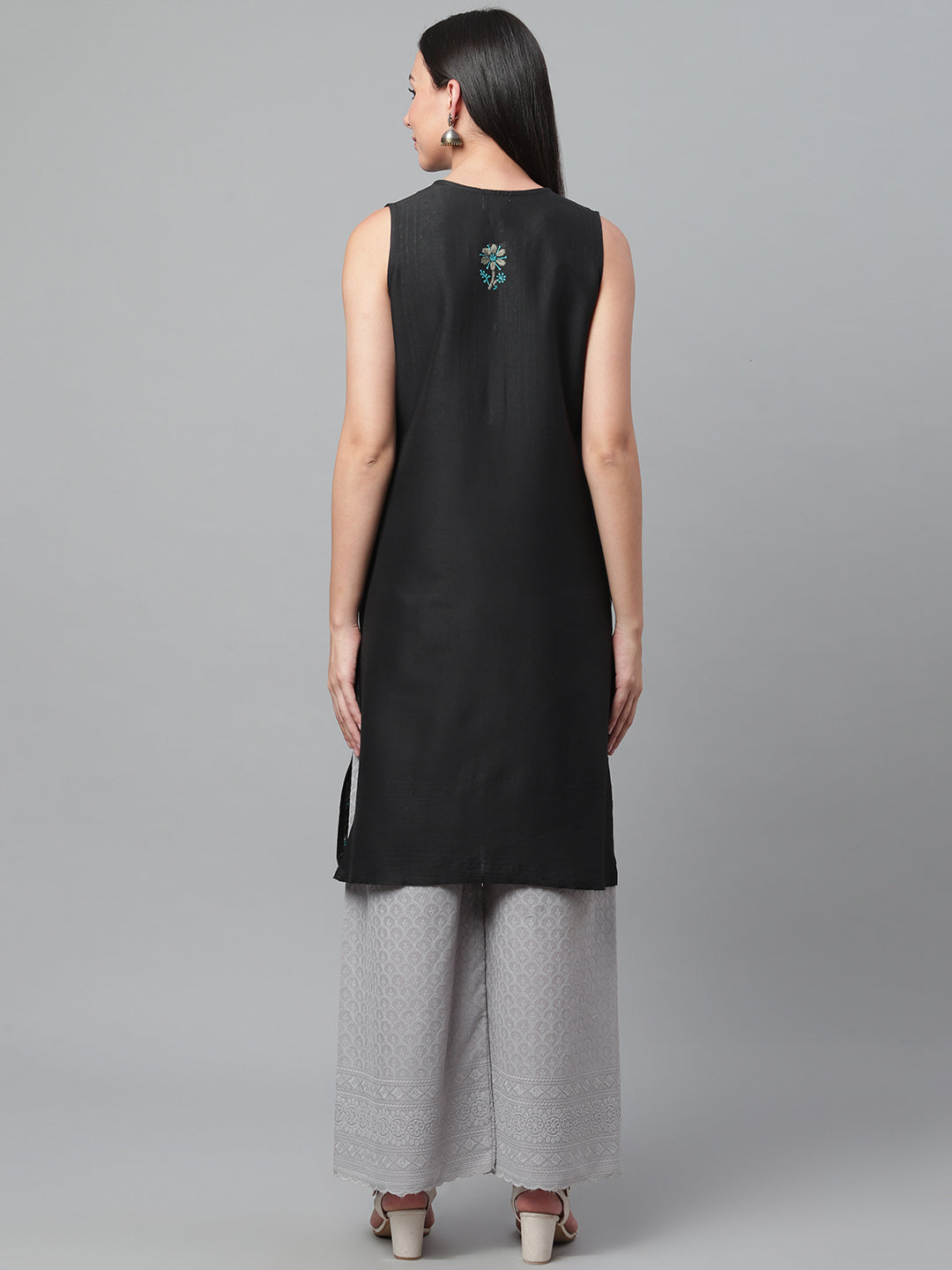 Black & Charcoal Grey Silk Chikankari Straight Kurta