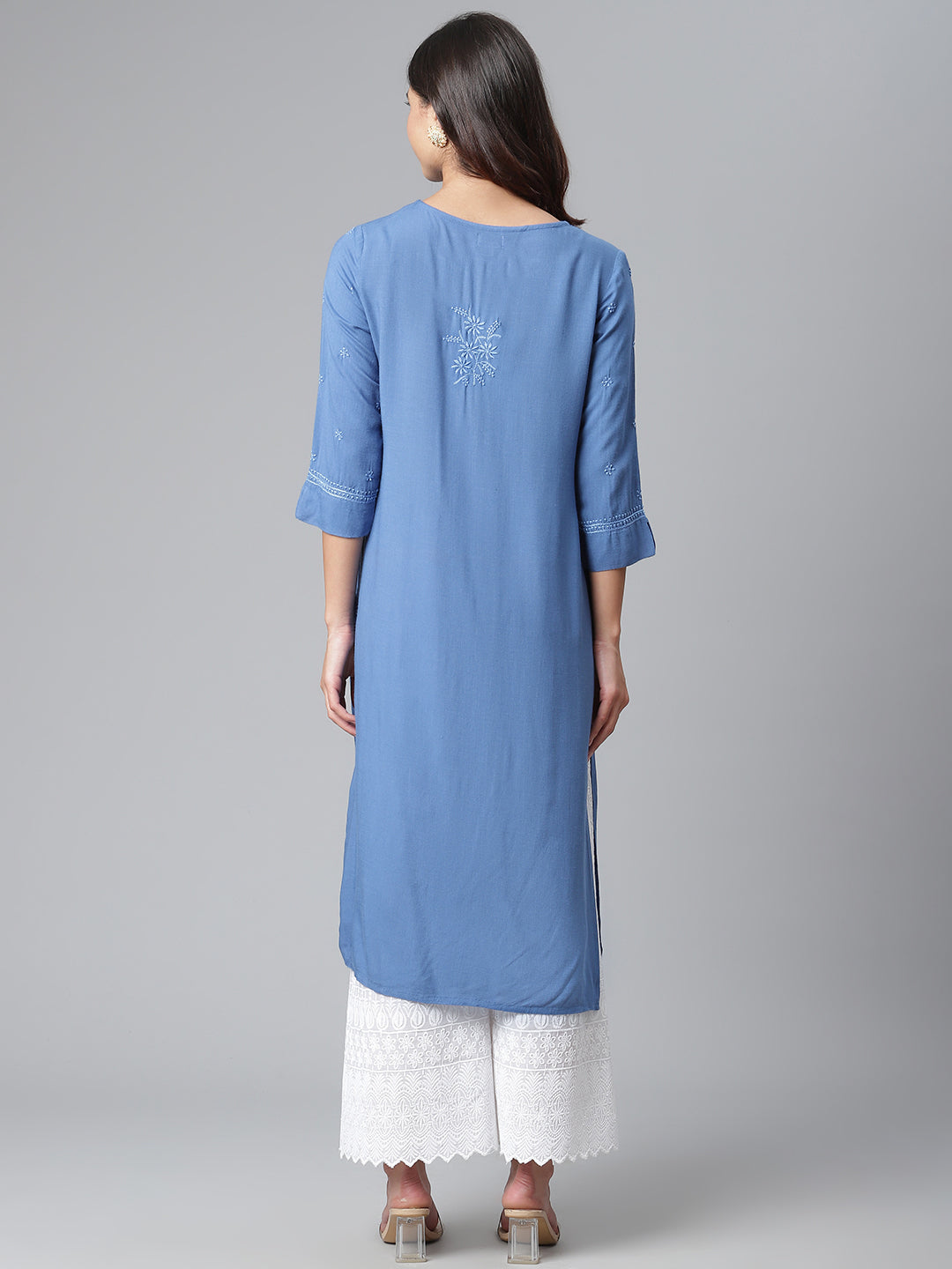 Rayon Blue Straight-Fit Chikankari Kurta