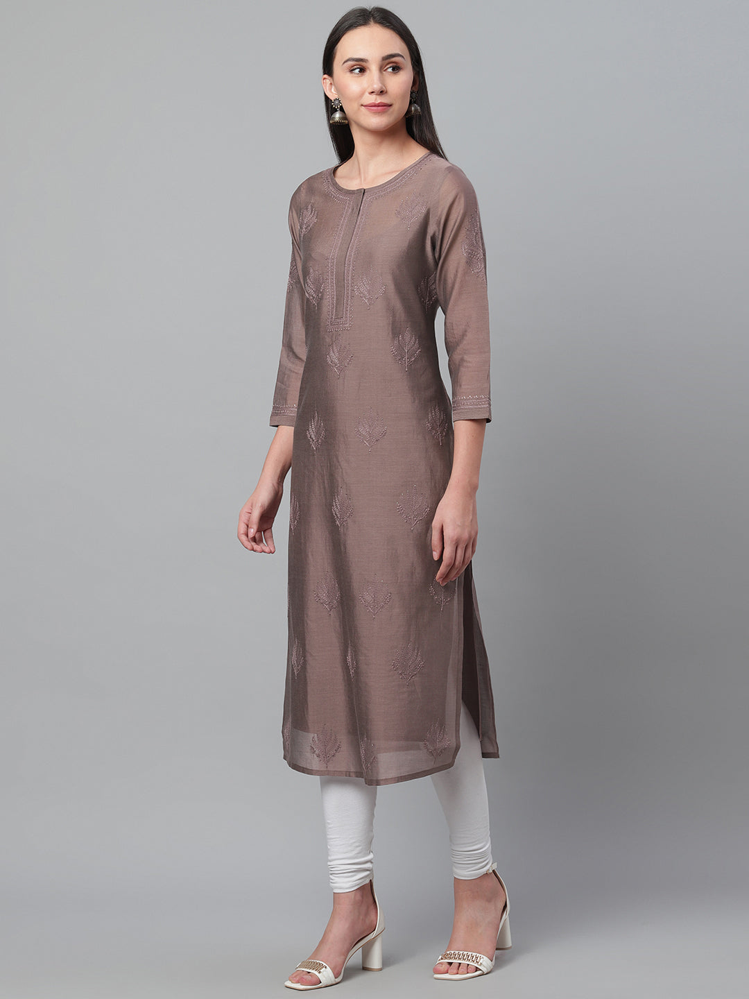 Taupe Chikankari Silk Festive Kurta