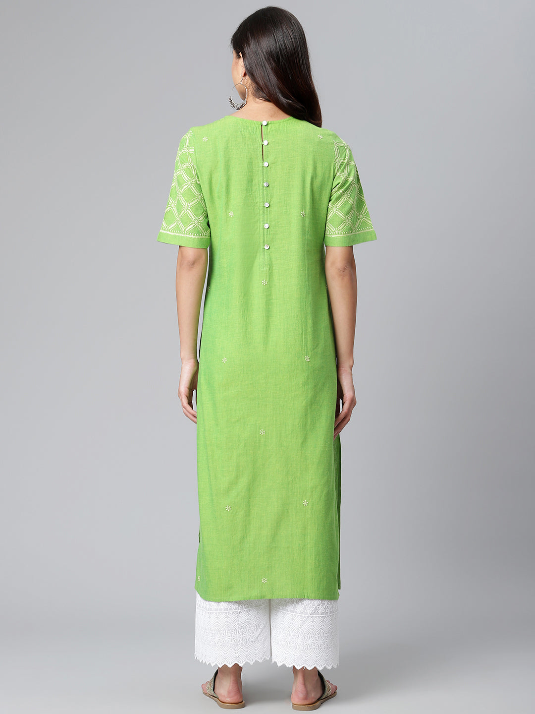 Green Mangalgiri Chikankari Kurta with Elbow Sleeves