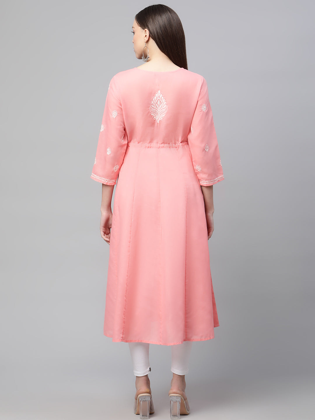 Pink Chikankari Flared Kurta with Waist Tie-Ups