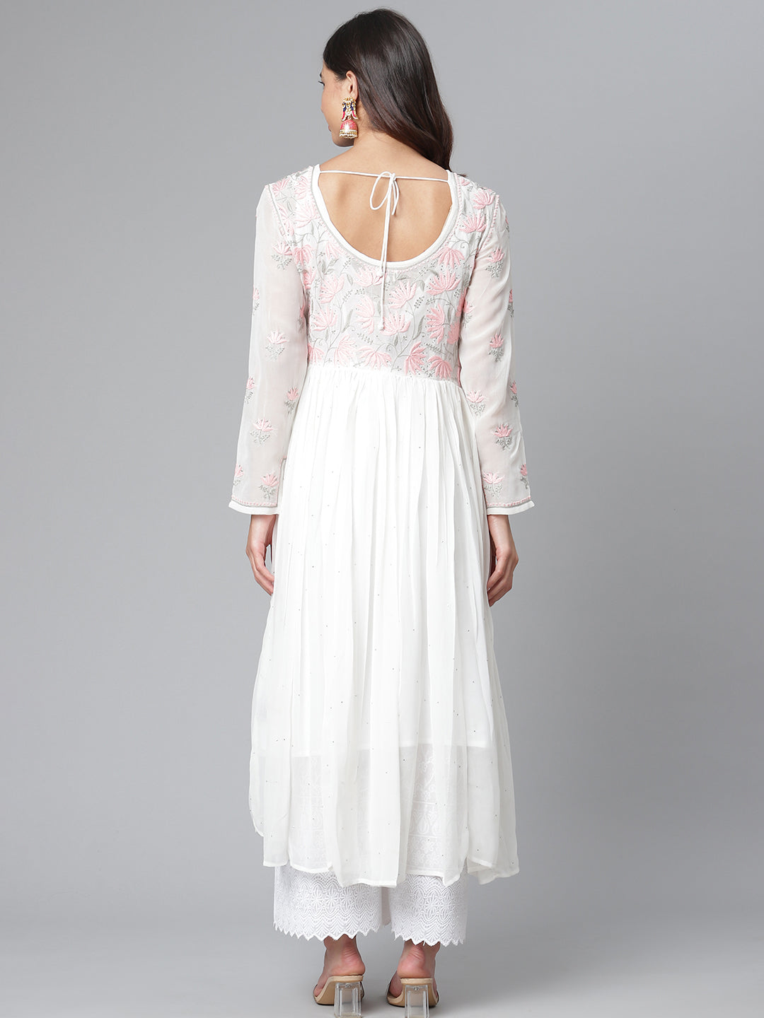 White Georgette Hand-Embroidered Flared Kurta