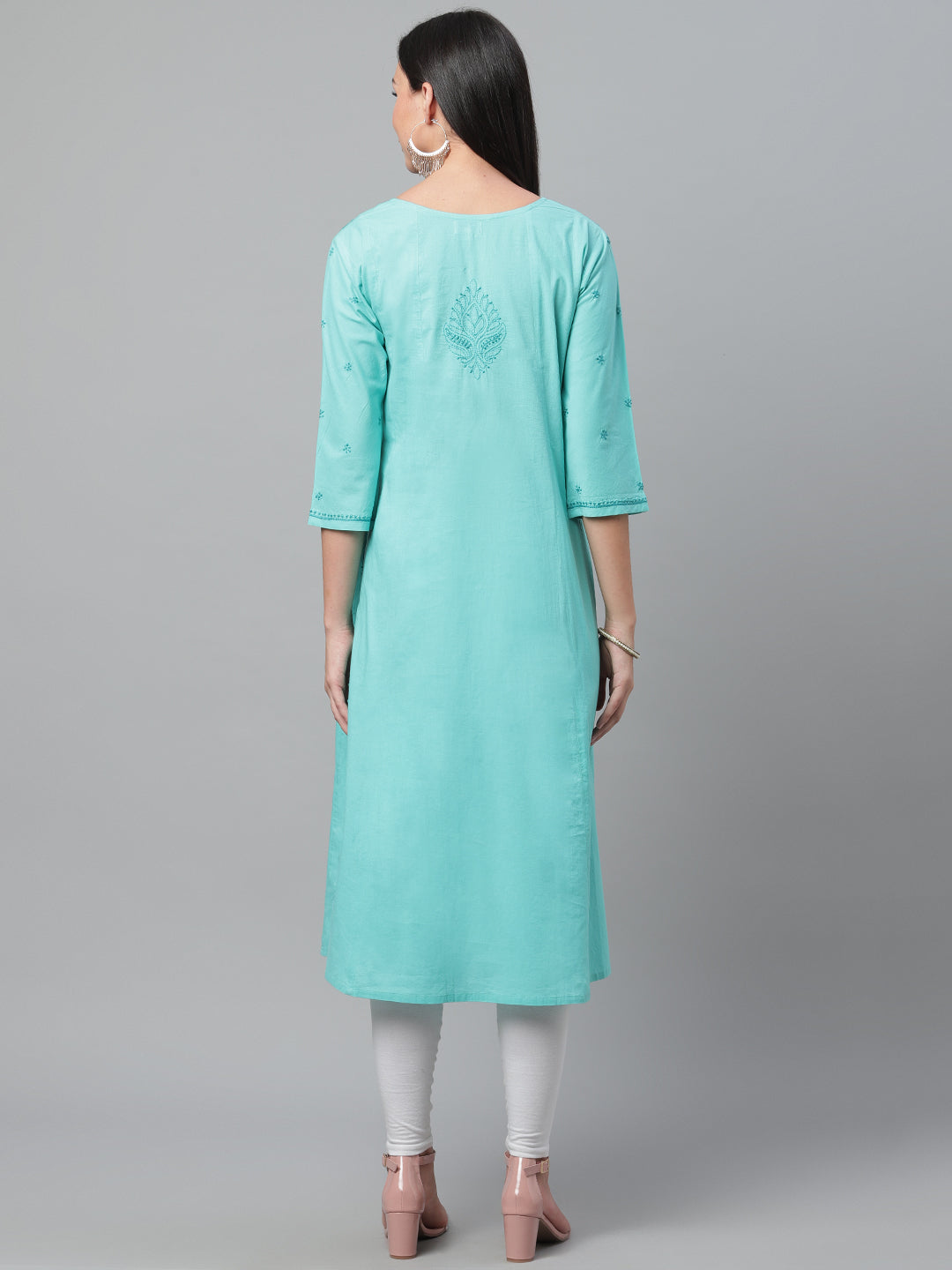 Turquoise A-Line Chikankari Kurta