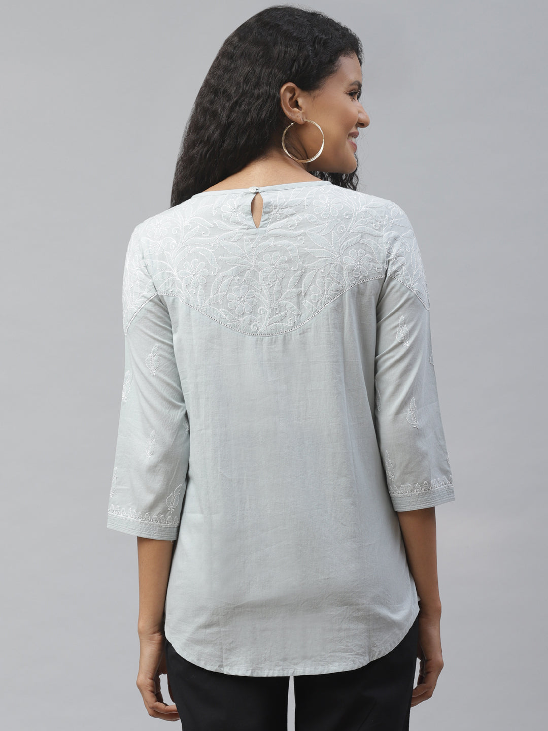 Grey Lace Yoke Embroidered Top