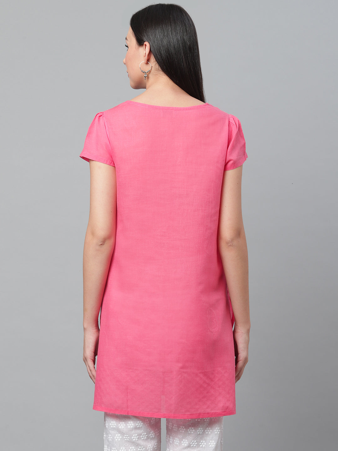 Pink Cotton Embroidered Short Kurta
