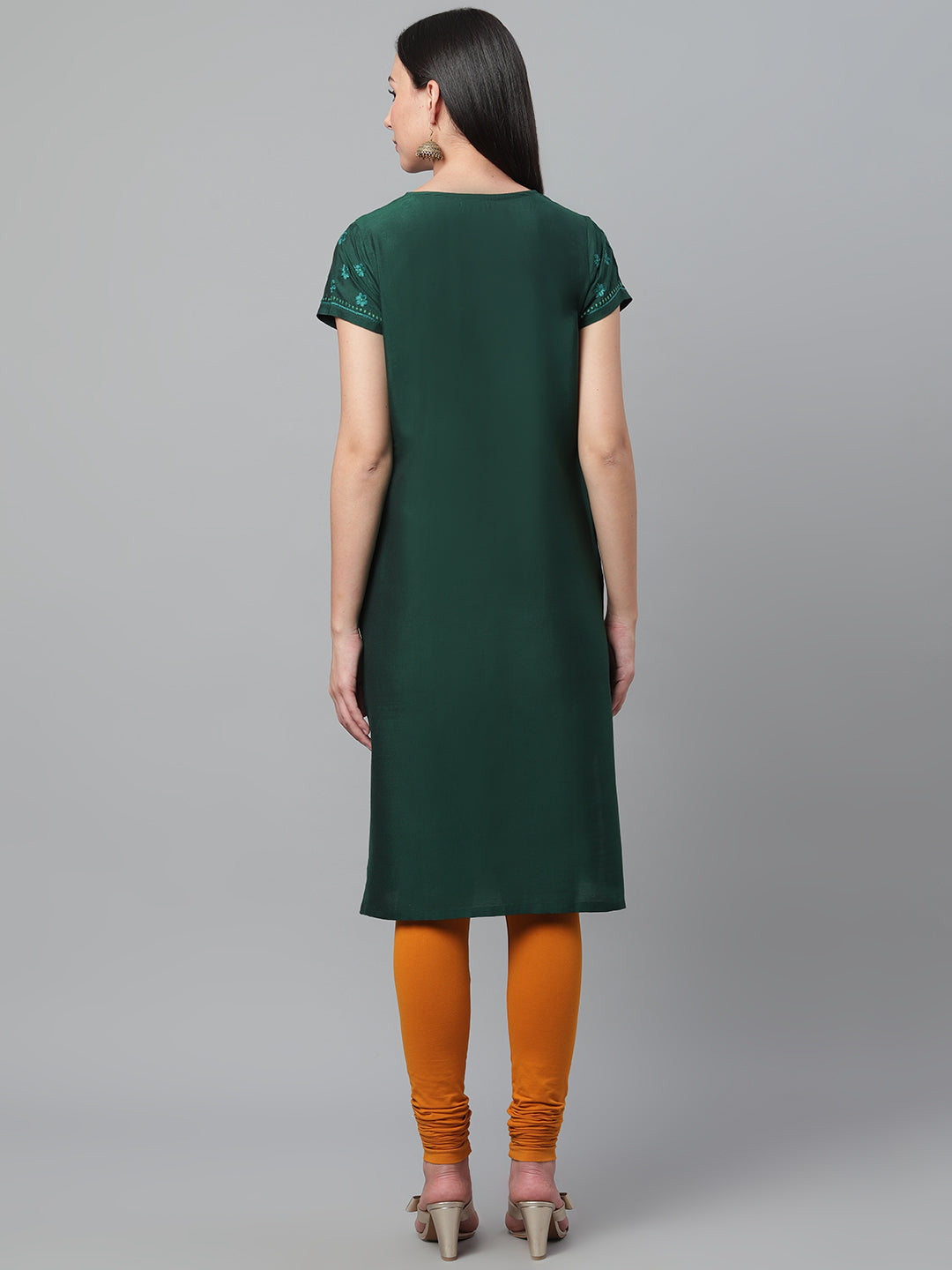 Bottle Green Silk Kurta with Embroidery and Mukaish Work
