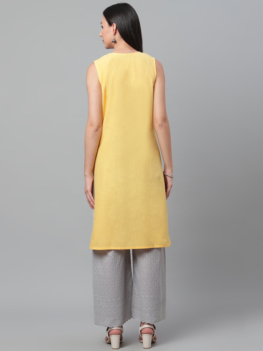 092 Yellow Pintucks Embroidered Kurta