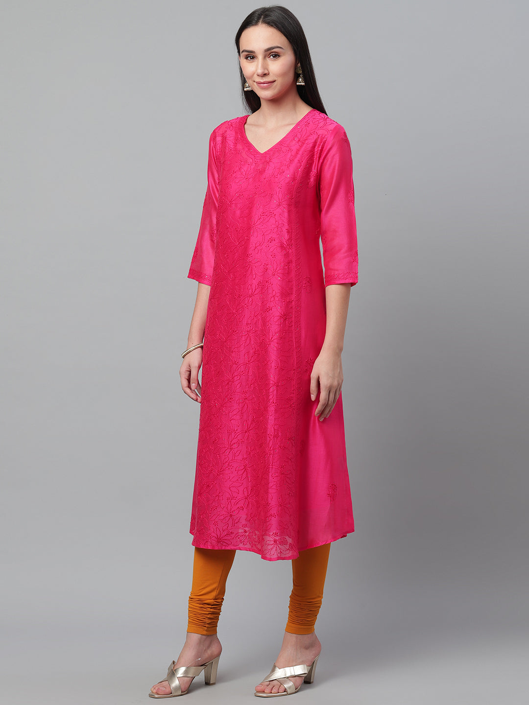 Magenta Embroidered Chanderi Anarkali Kurta