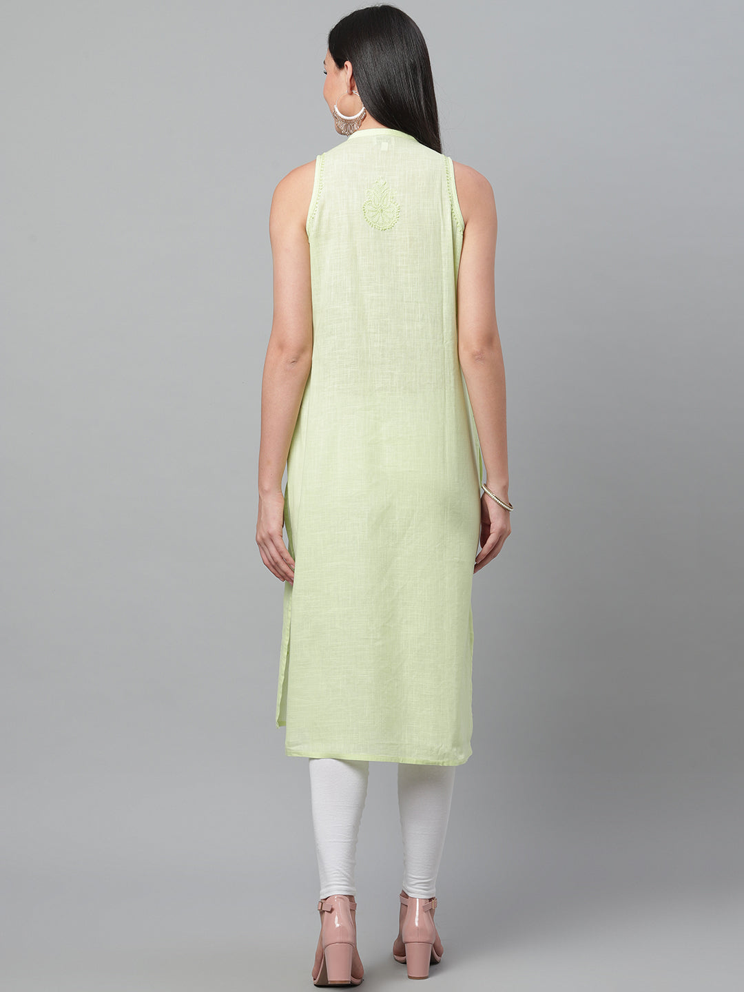 Green Cotton Embroidered Kurta with Mandarin Collar