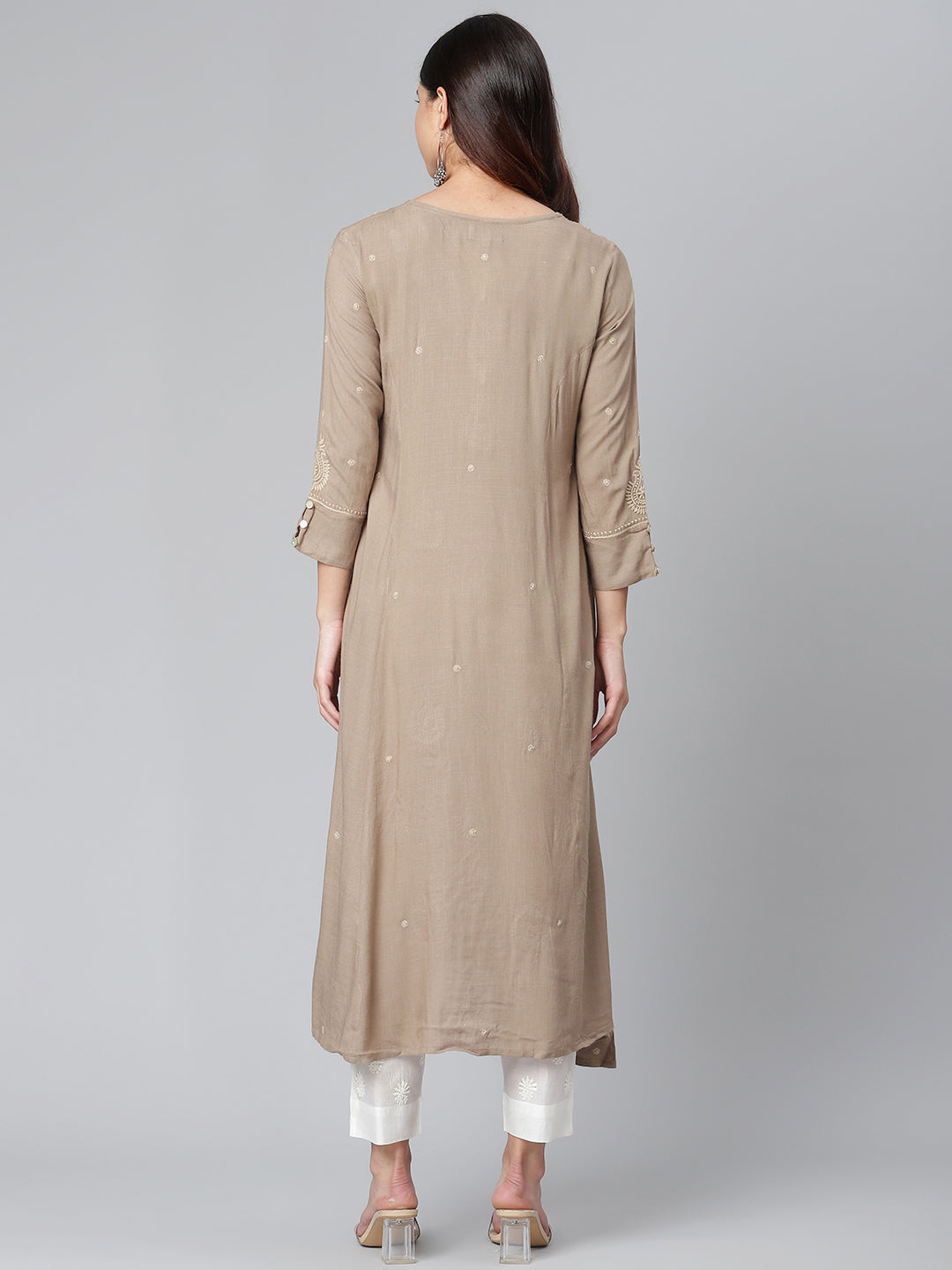 Rayon Chikankari Beige Flared Kurta