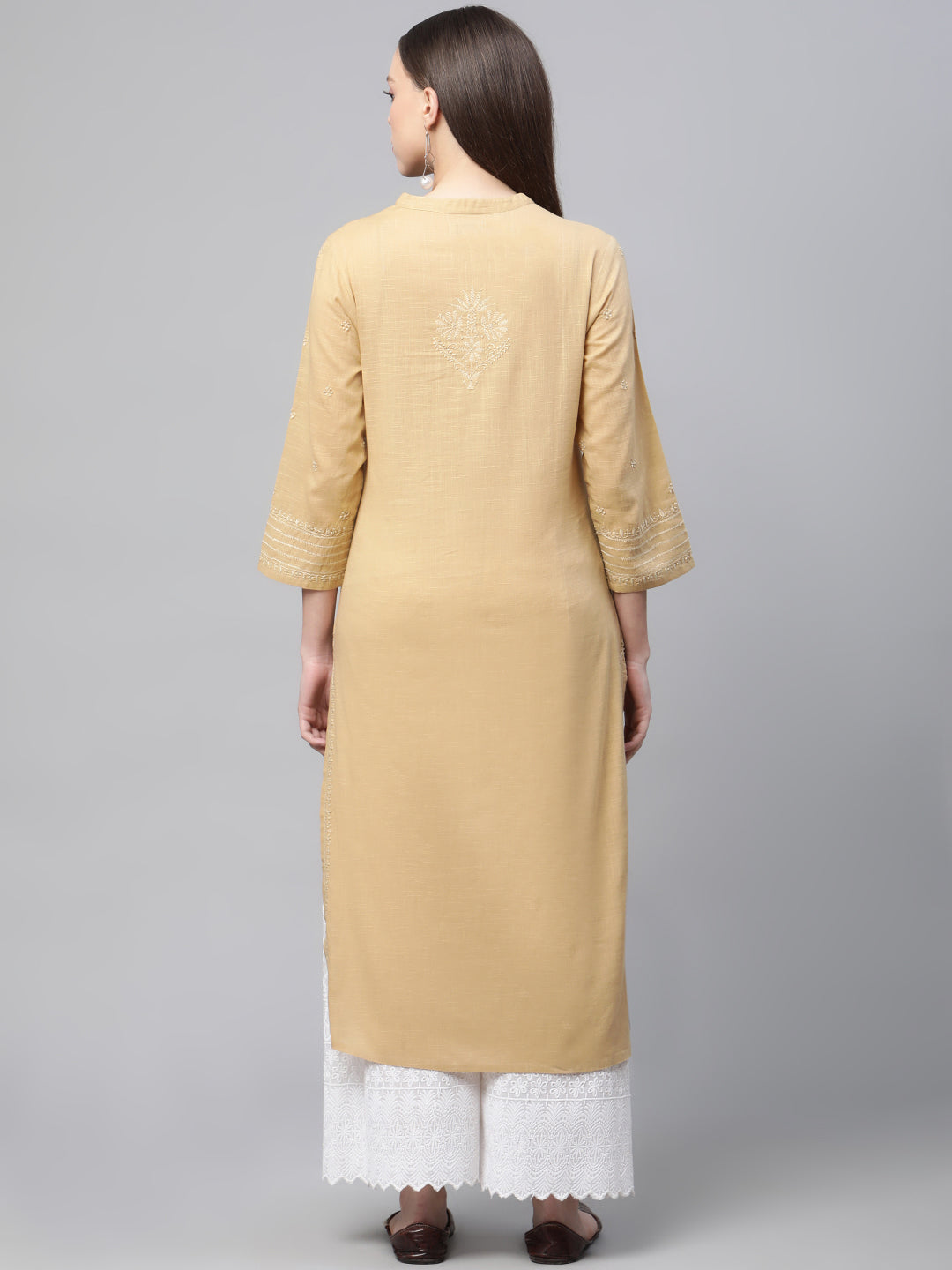 Beige Cotton Chikankari Straight Kurta