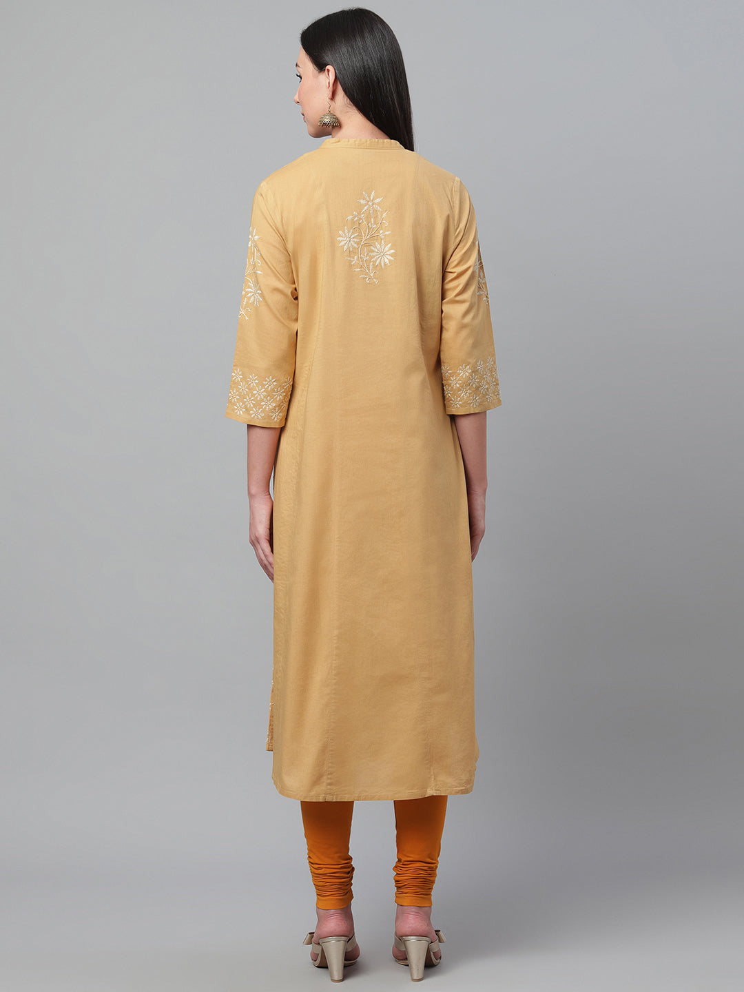 Beige and White A-Line Chikankari Kurta