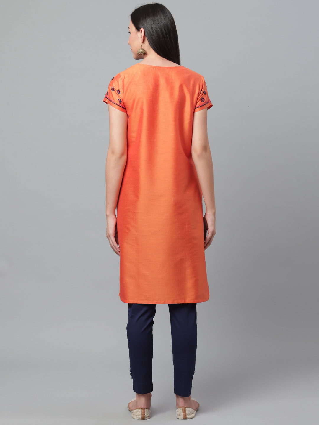 Orange Silk Kurta with Embroidery and Mukaish Work