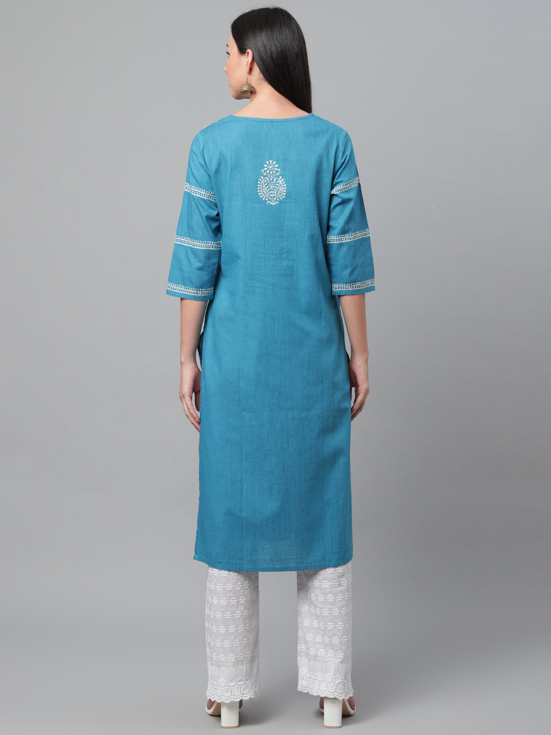 Blue Ikat Straight Chikankari Kurta