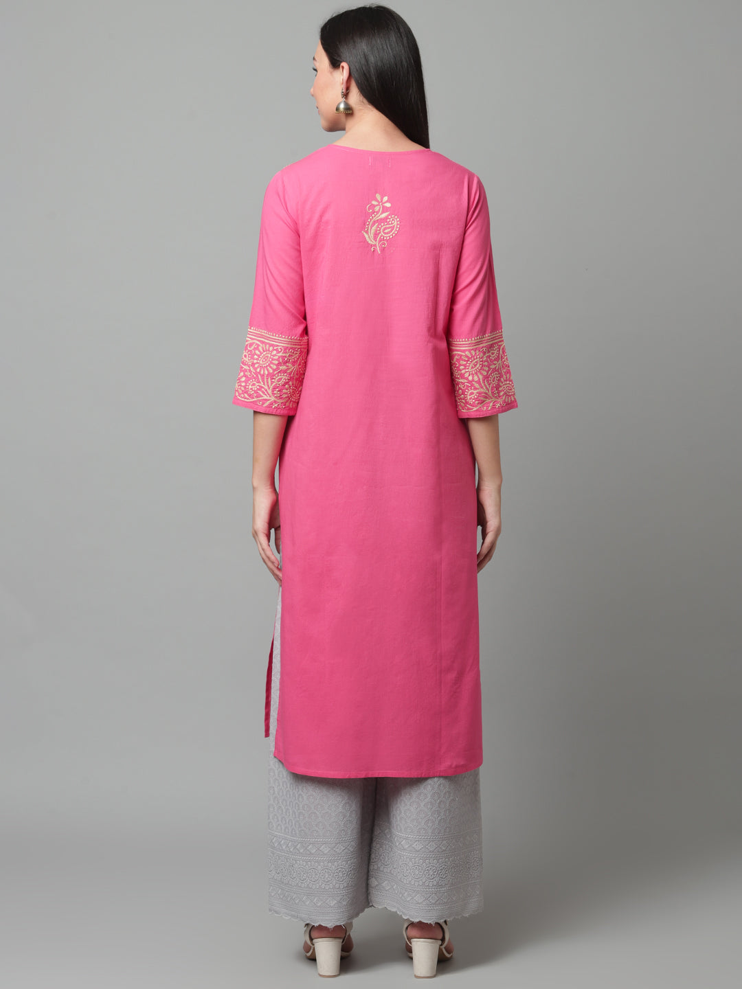 Pink Cotton Kurta Pot Neck Embroidered Kurta