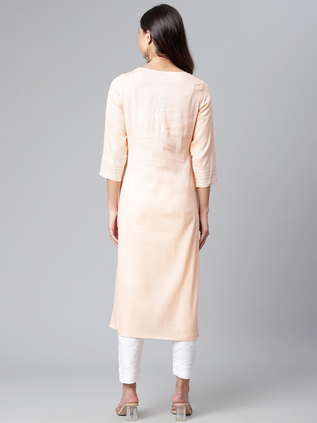 Peach Self Striped Kurta with Off-White Embroidery