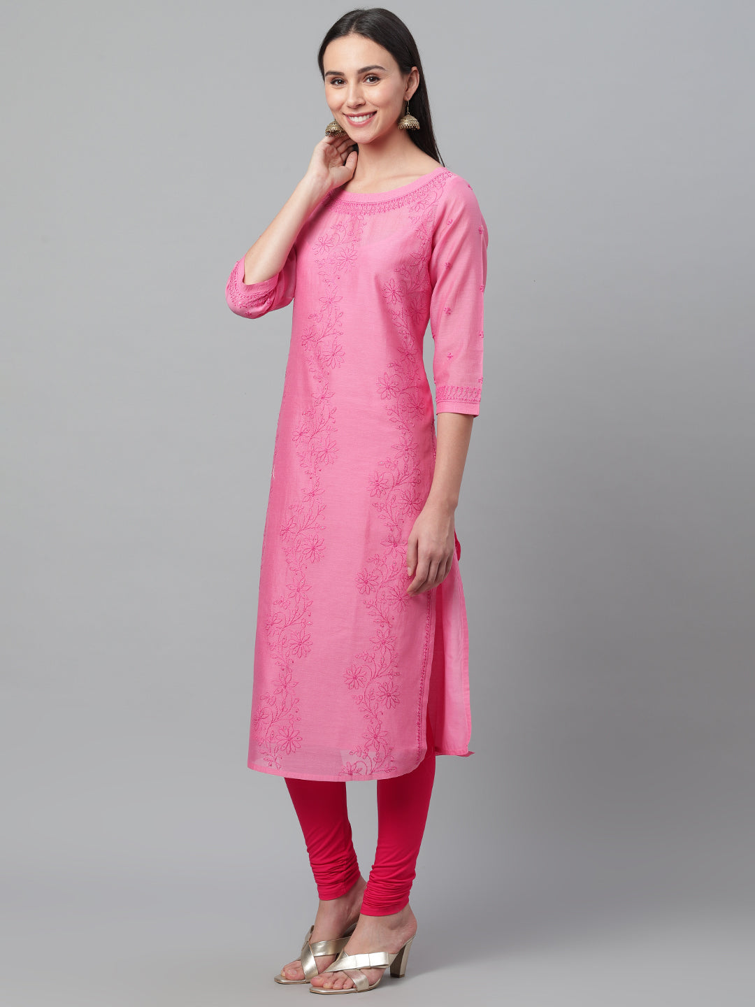 Pink Silk Chikankari Boat Neck Kurta