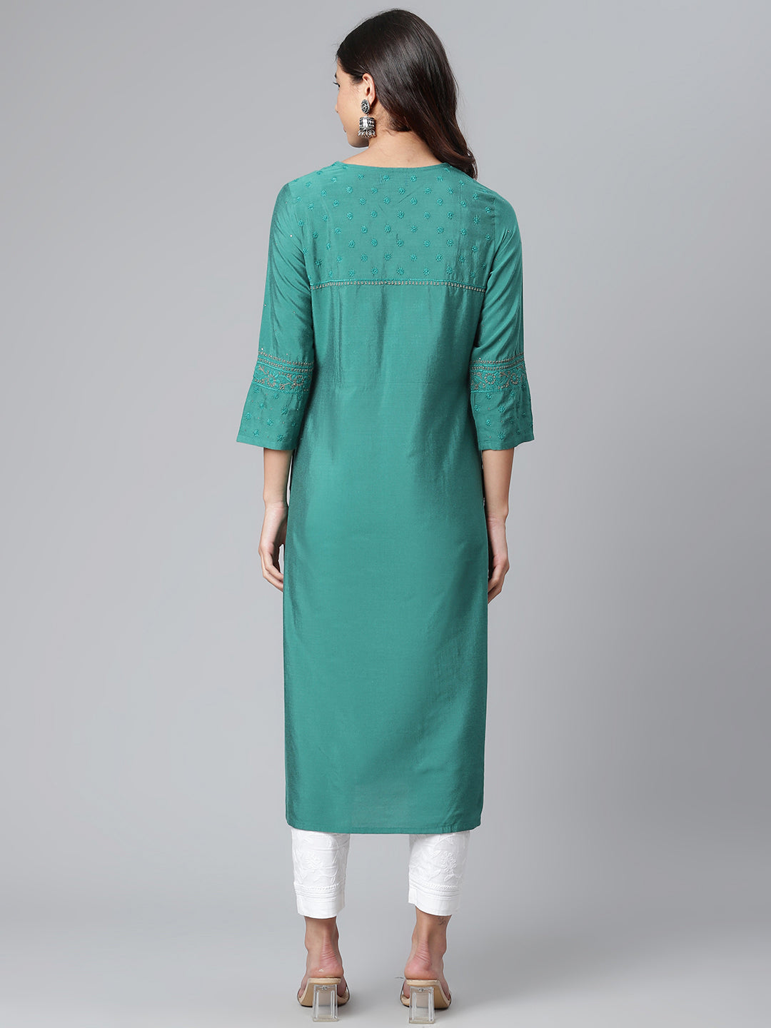 Poly Silk Teal Chikankari Kurta