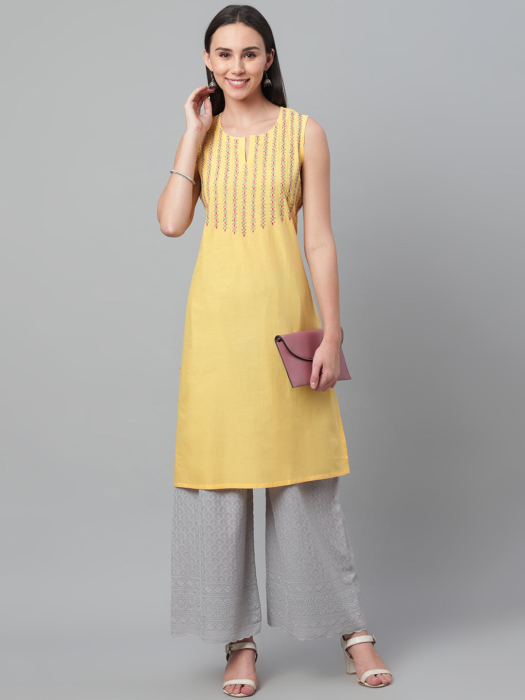 092 Yellow Pintucks Embroidered Kurta