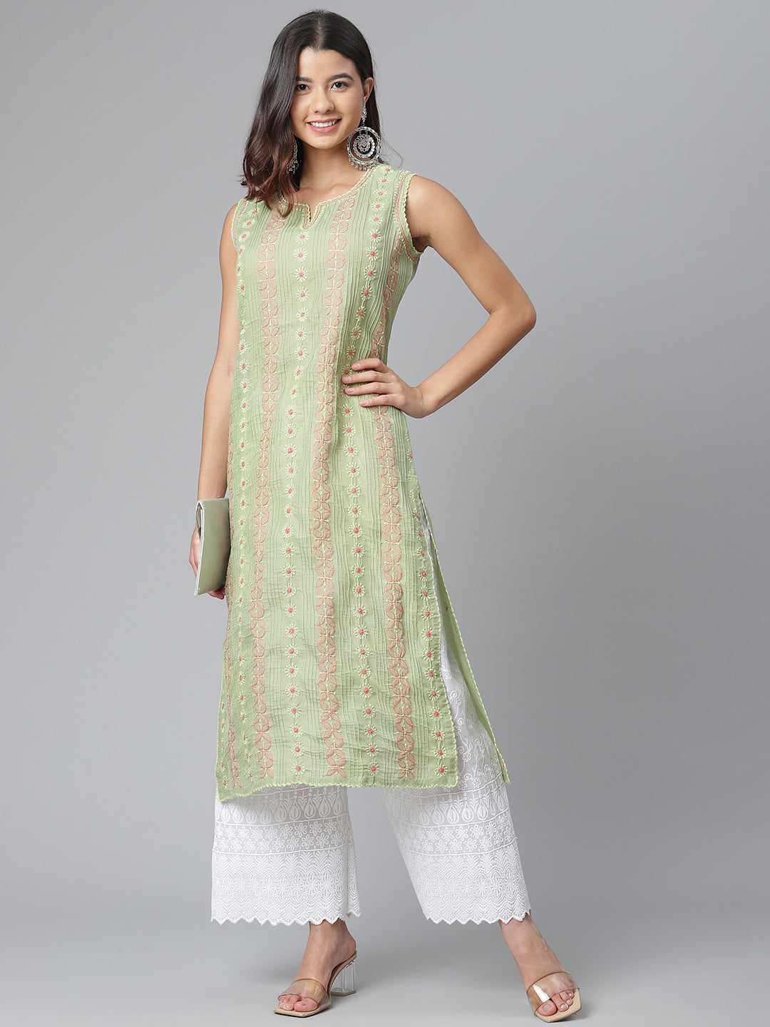 Pista Chikankari Kurta with Pintucks and Crochet