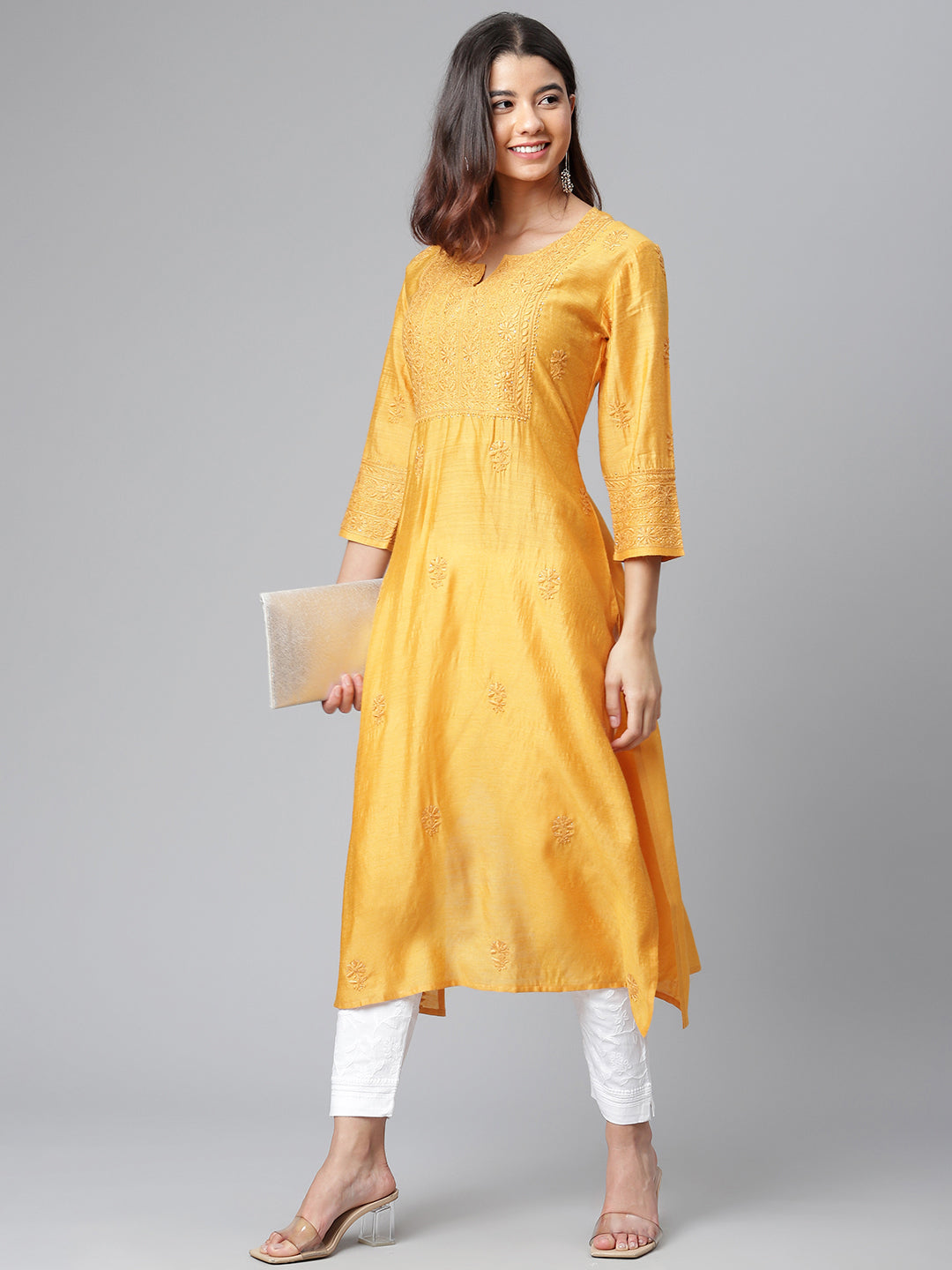 Mustard Pure Silk Chikankari Kurta