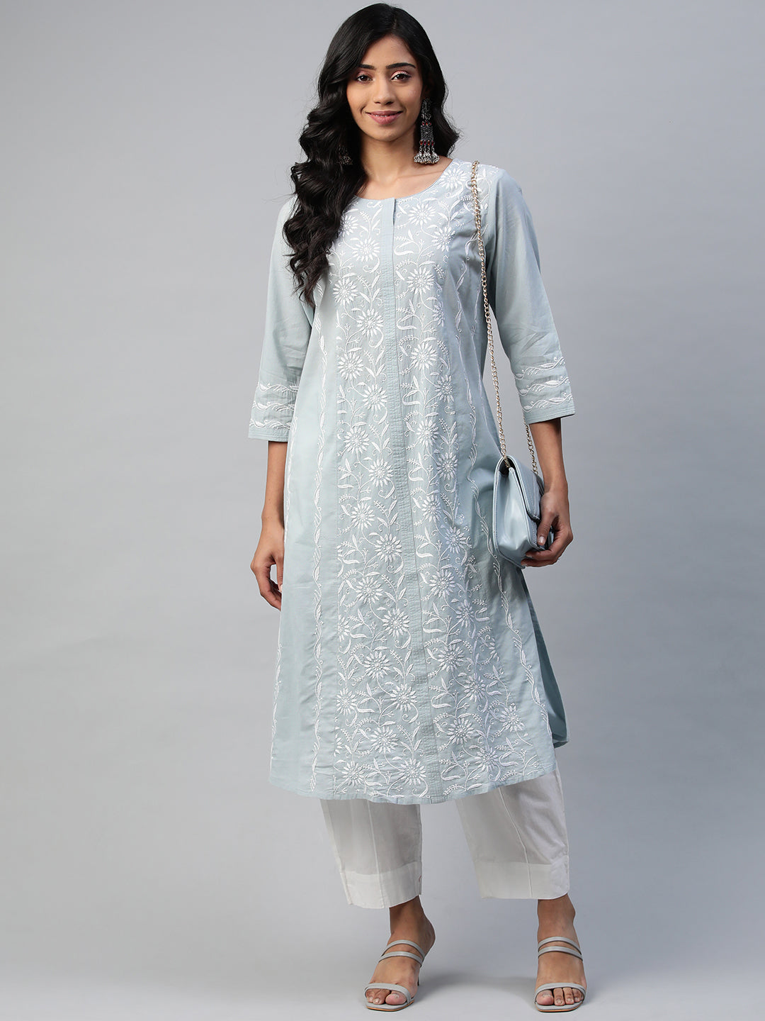 Grey Chikankari A-line Kurta