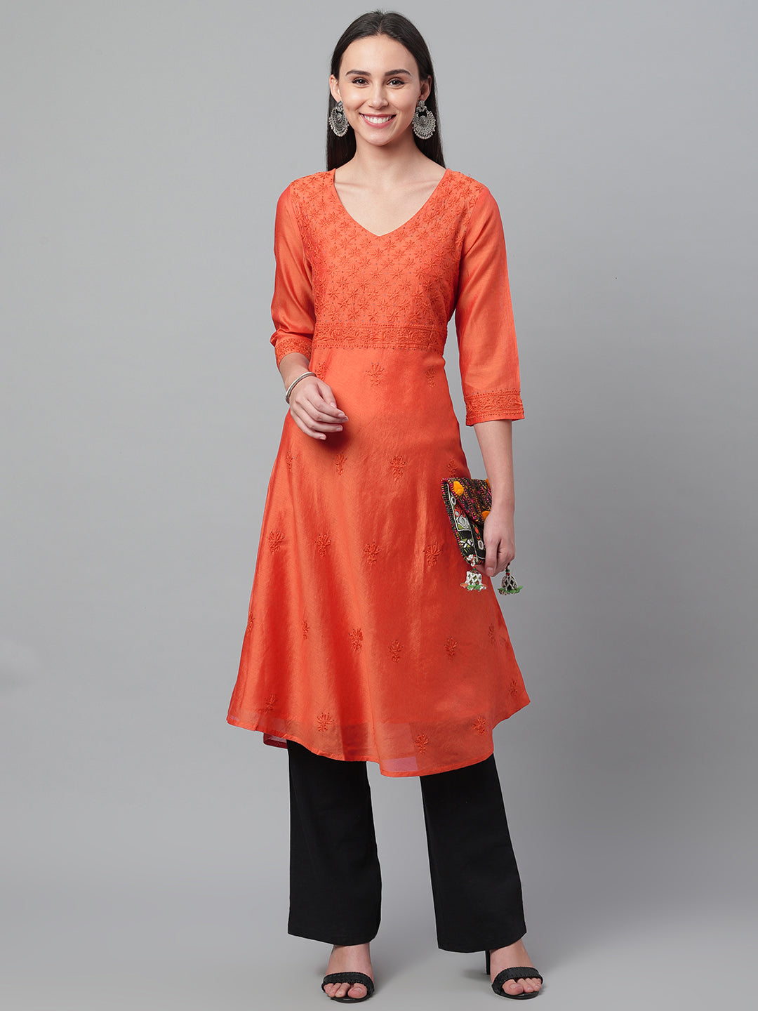 Orange Chanderi Embroidered A-Line Kurta With Tassels